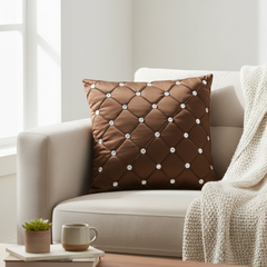 Handcrafted Brown Cushion Cover – 16"x16" | Premium Poly Cotton | Crystal-Studded Diamond Quilting | Luxury Home & Festive Décor