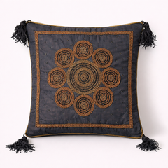 Handcrafted Black Cushion Cover – 16"x16" | Royal Mandala Embroidery | Tassel Detailing | Premium Poly Cotton