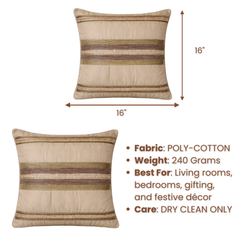 Handcrafted Khaki Cushion Cover – 16"x16" | Striped Embellished Design | Premium Poly Cotton