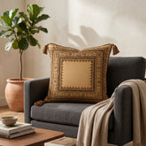 Handcrafted Cushion Cover – Golden | 16"x16" | Elegant Tassel Border Decorative Cushion Cover