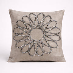 Hand Crafted Cushion Cover – Khaki | 16"x16" | Poly Cotton Fabric | Floral Design