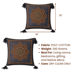 Handcrafted Black Cushion Cover – 16"x16" | Royal Mandala Embroidery | Tassel Detailing | Premium Poly Cotton