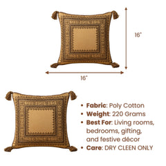 Handcrafted Cushion Cover – Golden | 16"x16" | Elegant Tassel Border Decorative Cushion Cover