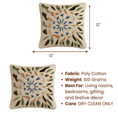 Handcrafted Cream Cushion Cover – 12"x12" | Artistic Multi-Color Embroidered Floral Design | Premium Poly Cotton
