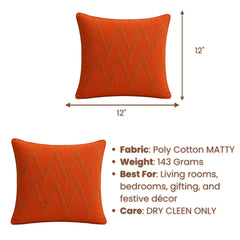Handcrafted Cushion Cover – Orange | 12"x12" | Zigzag Embroidered Decorative Cushion Cover