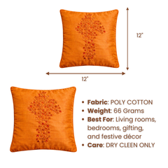 Hand Crafted Cushion Cover – Orange | 12"x12" | Poly Cotton | Embroidered Floral Design