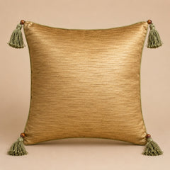 Handcrafted Cushion Cover – Golden | 16"x16" | Elegant Tassel Border Decorative Cushion Cover