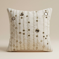 Handcrafted Cream Cushion Cover – 16"x16" | Decorative Bead & Thread Work | Premium Poly Cotton