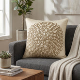 Machine Crafted Beige Cushion Cover – 16"x16" | Elegant Gold Floral Embroidery | Premium Poly-Cotton Decorative Cushion Cover