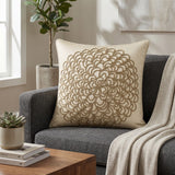 Machine Crafted Beige Cushion Cover – 16"x16" | Elegant Gold Floral Embroidery | Premium Poly-Cotton Decorative Cushion Cover