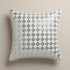 Handcrafted White Cushion Cover – 12"x12" | Elegant Silver Geometric Embroidery | Premium Poly Cotton