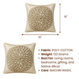Machine Crafted Beige Cushion Cover – 16"x16" | Elegant Gold Floral Embroidery | Premium Poly-Cotton Decorative Cushion Cover