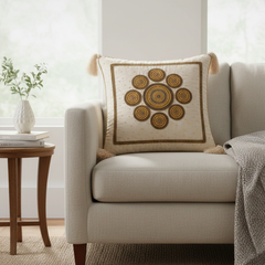 Handcrafted Cream Cushion Cover – 16"x16" | Royal Mandala Embroidery | Tassel Detailing | Premium Poly Cotton