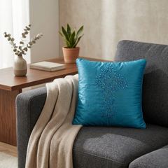 Hand Crafted Cushion Cover – Blue | 12"x12" | Poly Cotton | Embroidered Floral Design