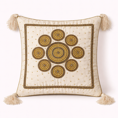 Handcrafted Cream Cushion Cover – 16"x16" | Royal Mandala Embroidery | Tassel Detailing | Premium Poly Cotton