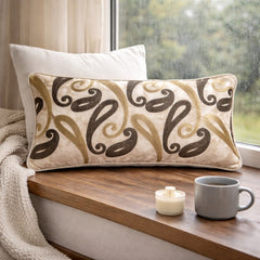 Machine Crafted Bolster Cover – Cream | 20"x8" | Poly Chenille Fabric | Embroidered Abstract Design