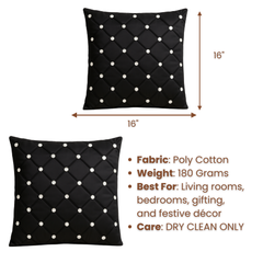 Handcrafted Black Cushion Cover – 16"x16" | Poly Cotton | Diamond-Quilted Texture with Crystal Accents | Luxe Modern Décor