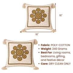 Handcrafted Cream Cushion Cover – 16"x16" | Royal Mandala Embroidery | Tassel Detailing | Premium Poly Cotton