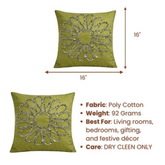 Hand Crafted Cushion Cover – Green | 16"x16" | Poly Cotton Fabric | Floral Design