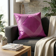 Fabric Crafted Cushion Cover – Pink | 16"x16" | Poly Cotton | Elegant Stitched Geometric Design
