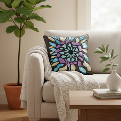 Handcrafted Black Cushion Cover – 16"x16" | Premium Poly Cotton | Multicolor Embroidered Mosaic Design