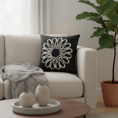 Handcrafted Black Floral Cushion Cover – 12"x12", Premium Poly Cotton