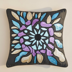 Handcrafted Black Cushion Cover – 16"x16" | Premium Poly Cotton | Multicolor Embroidered Mosaic Design