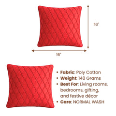 Fabric Crafted Cushion Cover – Red | 16"x16" | Poly Cotton Fabric | Elegant Embossed Wavy Pattern Design