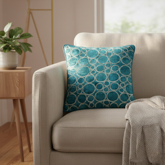 Machine-Crafted T Green Cushion Cover – 12"x12" | Circular Embroidered Design | Premium Poly Channel Fabric