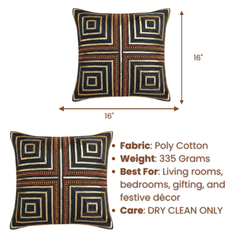Handcrafted Black Cushion Cover – 16"x16" | Heavy Poly Cotton | Premium Embroidered Square Pattern