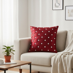 Handcrafted Maroon Cushion Cover – 16"x16" | Poly Cotton | Diamond-Quilted Texture with Crystal Accents | Luxurious Festive Décor
