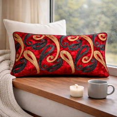 Machine Crafted Bolster Cover – Maroon | 20"x8" | Poly Chenille Fabric | Embroidered Abstract Design