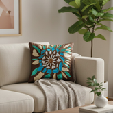 Handcrafted Brown Cushion Cover – 16"x16" | Poly Cotton | Artistic Multicolor Embroidery | Premium Festive Décor