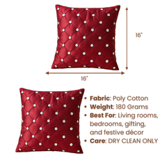 Handcrafted Maroon Cushion Cover – 16"x16" | Poly Cotton | Diamond-Quilted Texture with Crystal Accents | Luxurious Festive Décor