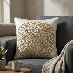 Machine Crafted Cream Cushion Cover – 12"x12" | Elegant Gold Floral Embroidery | Premium Poly-Cotton Decorative Cushion Cover