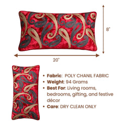Machine Crafted Bolster Cover – Maroon | 20"x8" | Poly Chenille Fabric | Embroidered Abstract Design