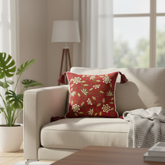 Machine-Crafted Maroon Cushion Cover – 12"x12", Floral Embroidered Design with Tassels | Premium Poly Cotton