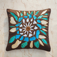 Handcrafted Brown Cushion Cover – 16"x16" | Poly Cotton | Artistic Multicolor Embroidery | Premium Festive Décor