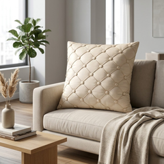 Hand Crafted Cushion Cover – Beige | 16"x16" | Poly Cotton | Classic Button Tufted Design