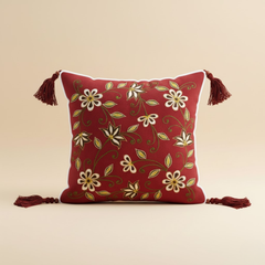 Machine-Crafted Maroon Cushion Cover – 12"x12", Floral Embroidered Design with Tassels | Premium Poly Cotton