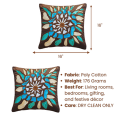 Handcrafted Brown Cushion Cover – 16"x16" | Poly Cotton | Artistic Multicolor Embroidery | Premium Festive Décor