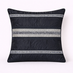 Handcrafted Black Cushion Cover – 16"x16" | Striped Embellished Design | Premium Poly Cotton