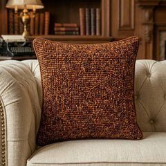 Handcrafted Cushion Cover – Brown | 16"x16" | Poly Cotton Wood Fabric | Premium Beaded Texture Design