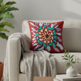 Handcrafted Maroon Cushion Cover – 16"x16" | Poly Cotton | Artistic Multicolor Embroidery | Premium Festive Décor