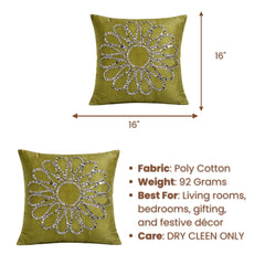 Hand Crafted Cushion Cover – Light Green | 16"x16" | Poly Cotton Fabric | Floral Design