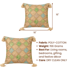 Handcrafted Rust Cushion Cover – 16"x16" | Diamond Patchwork Embroidery | Tassel Detailing | Premium Poly Cotton