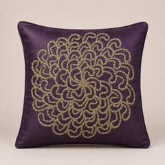 Machine Crafted Purple Cushion Cover – 12"x12" | Elegant Gold Floral Embroidery | Premium Poly-Cotton Decorative Cushion Cover