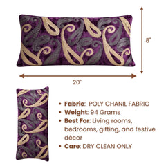 Machine Crafted Bolster Cover – Purple | 20"x8" | Poly Chenille Fabric | Embroidered Abstract Design