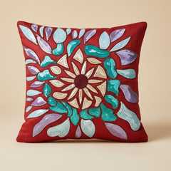 Handcrafted Maroon Cushion Cover – 16"x16" | Poly Cotton | Artistic Multicolor Embroidery | Premium Festive Décor