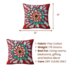 Handcrafted Maroon Cushion Cover – 16"x16" | Poly Cotton | Artistic Multicolor Embroidery | Premium Festive Décor